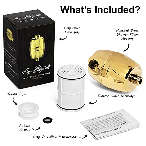 Aqua Elegante Shower Water Filter For Showerhead - Universal Shower Head Filters To Remove Chlorine & Hard Minerals - Gold Bath Purifier And Filtered Softener System Best With Kdf-55 - Polished Brass #TOP4