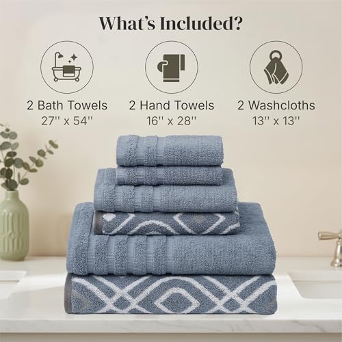 Image of Modern Threads 6 Piece Bath Towel Set - Bathroom Set with 2 Bath Towels, 2 Hand Towels, and 2 Wash Cloths - 100% Cotton, Super Absorbent & Extra Soft - Reversible Classic Diamond (Blue)