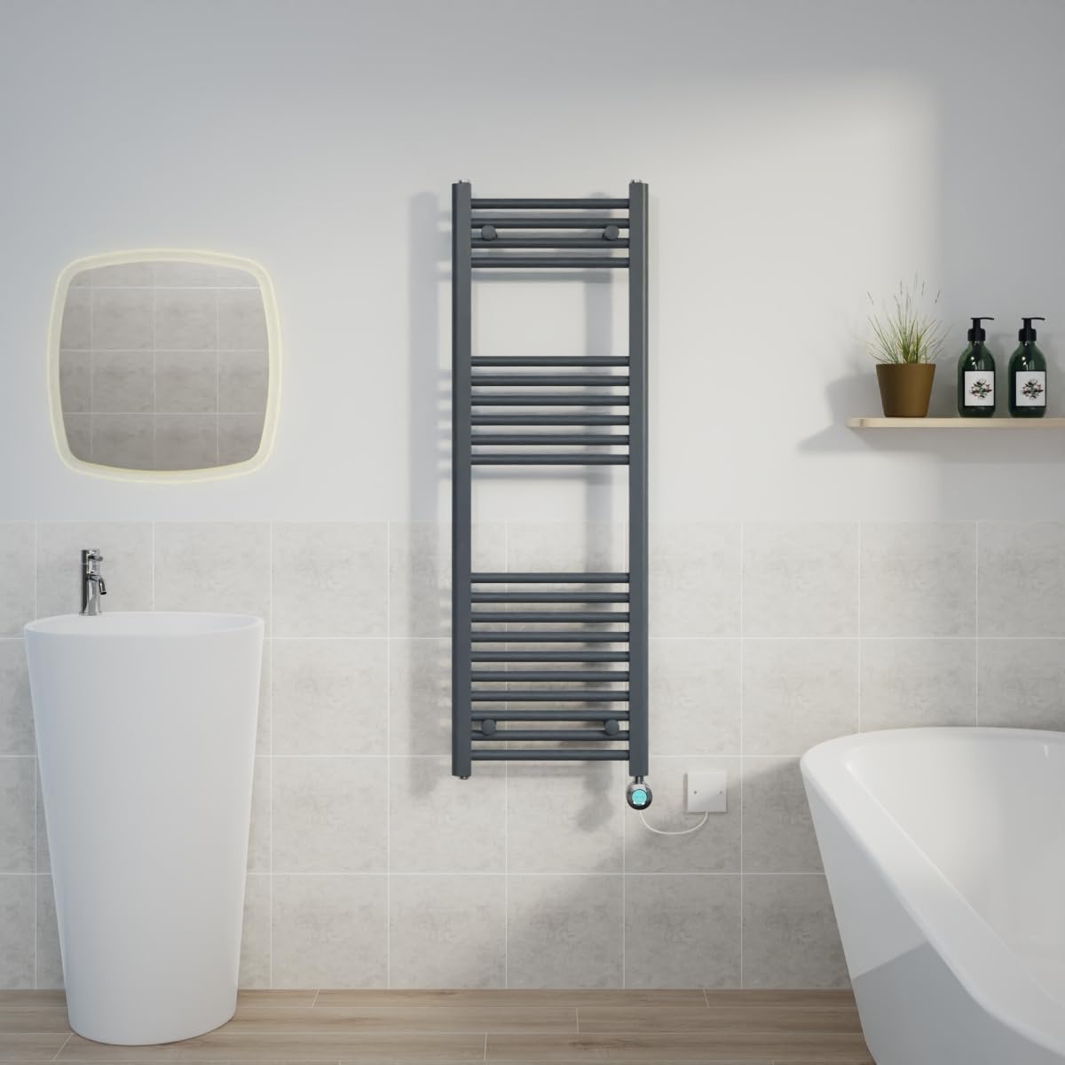 Warmehaus Prefilled 1200x400mm Straight Electric Heated Towel Rail with Timer Thermostatic Bathroom Radiator Anthracite - 600W(Chrome Heating Element) — image 1
