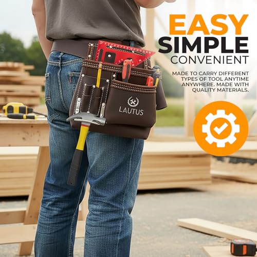 Image of LAUTUS 5 Pocket Oil Tanned Leather Tool Belt - Multifunctional Tool Pouch /Bag /Apron Carpenter, Construction, Framers, Handyman, Electrician | 30-Inch to 46-Inch | Brown| Hammer Holder| Built Tough|