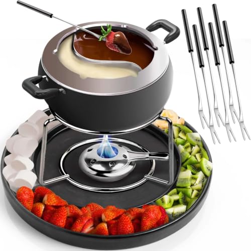 Fondue Pot Set by Fondue & Co - 2.8 Quart Dual Cheese and Chocolate Fondue Pot with Divider Tray, 6...