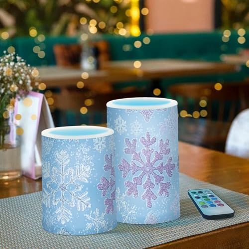 Image of Christmas Lights Flameless Candles Snowflake Light Blue Purple B Pillar Candles Set of 2 Battery Operated Remote Control Warm Lights Home Decor
