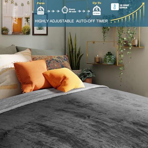 Electric Blanket MicroPlush Sherpa and Reversible Flannel Washable Comfortable (Charcoal, 100 x 90'')