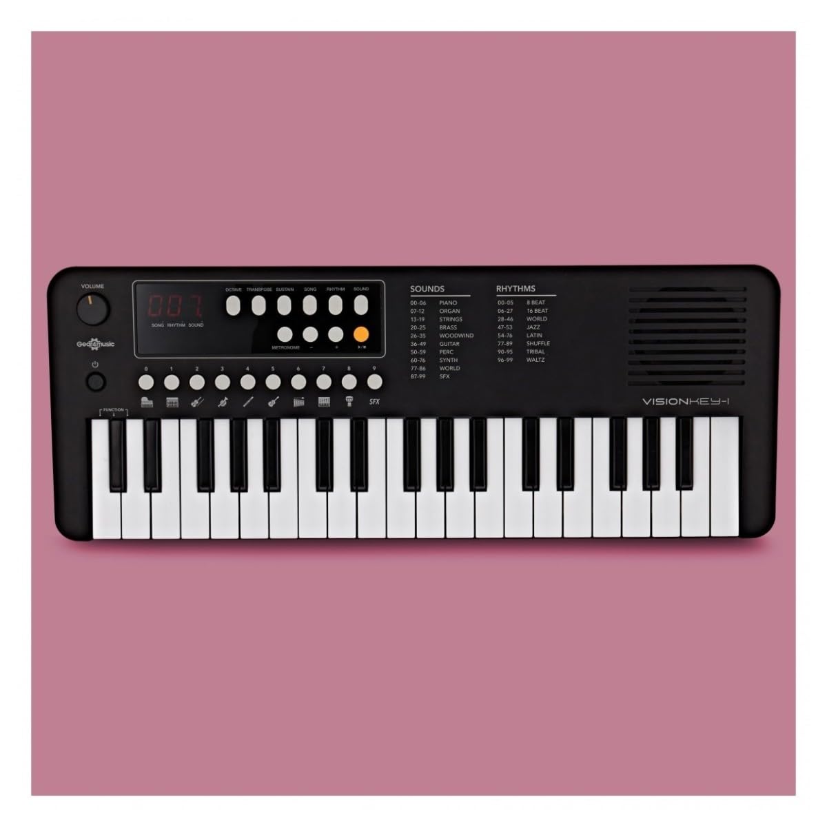 VISIONKEY-1 Mini Teclado Digital 37 Teclas para Niños y Principiantes | Piano Eléctrico de Mini Teclas con Auriculares, 3 Octavas, 100 Sonidos y Ritmos, USB-C o Pilas, Negro