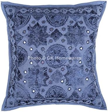 Boho Decorative Toss Throw Pillow Covers 16x16 Inch Cotton Mirrored Embroidered Ethnic Square Accent Cushion Covers (Size - 40x40 cm ; Color: Dark Blue) - Set of 5 Pcs (Cover Only)