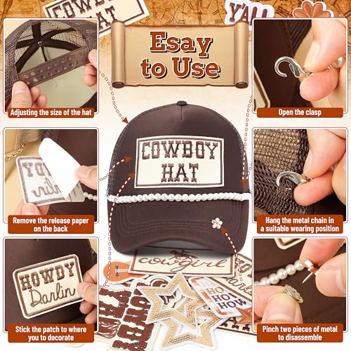 Image of Meneng Western Trucker Hat for Cowboy: Men Women Adjustable Snapback Caps with 8pcs Embroidered Patches and a Chain