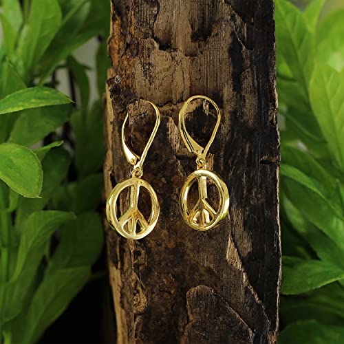 Jewel Zone Us Women's Glossy Peace Sign Dangle Earrings In Yellow Gold Over Sterling Silver #TOP2