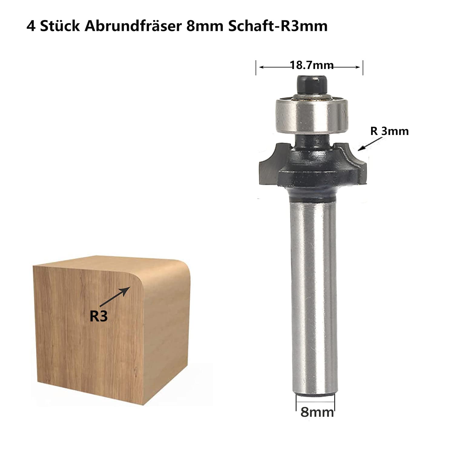 4 Stück Abrundfräsar, 8mm Schaft Rundfräser Standard Radiusfräsar Set, mit Kugelleger, Abrundfreser für Kantenfräse /Frästisch