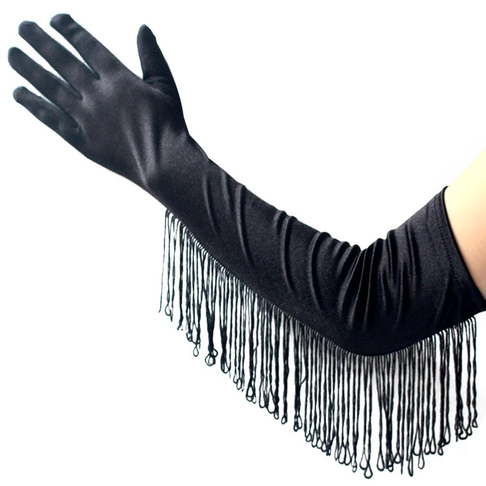 krautwear Damskie rękawiczki wieczorowe o długości do łokci satynowe rękawiczki z frędzlami (49 cm) - czerwony/czarny/biały