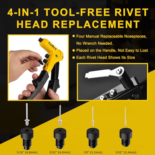 TOLRET Rivet Gun, Rivet Gun Kit with 320 Pcs Rivets, Manual Rivet Tool with 4 Manual Interchangeable Nosepieces, Heavy Duty Hand Riveter for Metal, Wood, Plastic,TR-205 - Thumbnail 2