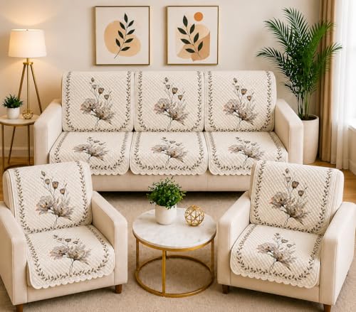 Image of Quilted Sofa Cover Set 5 Seater for Living Room - 3 Seater & 1+1 Seater Sofa Slip Covers for Home - Premium Furniture Protector Panels for Sofa, 10 Pieces
