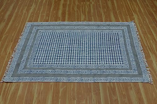 Tapis indien imprimé coton géométrique gris beige pompons déco tapis lavable 1,5m - 6