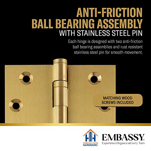 Solid Brass Architectural Door Hinges – 2 Vintage Decorative Cap Mortise Hinges, Ball Bearings, And Stainless Steel Hinge Pin – Home Decor By Embassy, 4 X 4 In., Satin Brass #TOP5