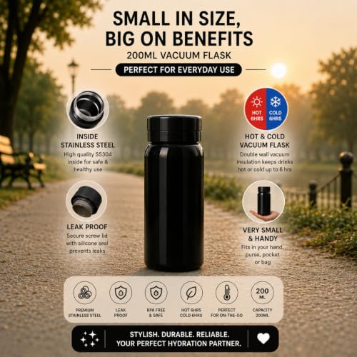 Image of 200ml Mini Vacuum Flask | Stainless Steel Water Bottle | Suitable for All Contents | Leak Proof Hot & Cold Flask (Black)