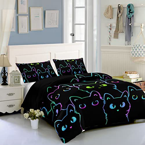 HOSIMA Cat Duvet Covers Sets for Boys and Girls Kids Cute Colorful Gradient Line Cartoon Black Cat Comforter Cover with 2 Pillowcases(Cat Double) - Image 2