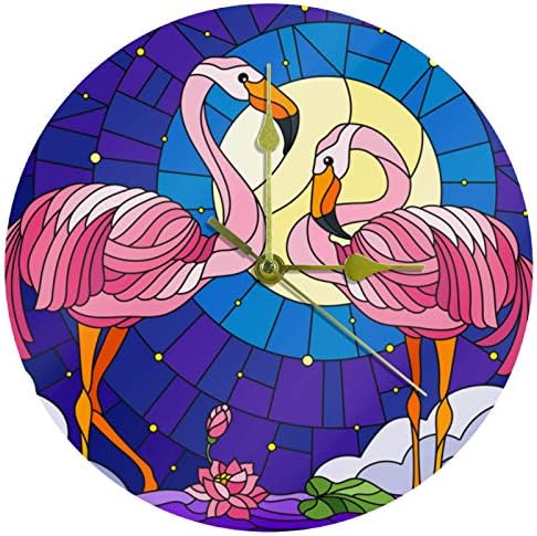 10 Silent Quartz Non-Ticking Battery Operated Flamingo Stained Glass Wall Clock for Office School Home Living Room