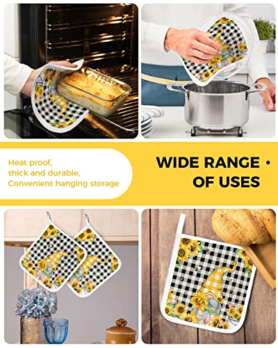 Gnome Pot Holders Set Of 5 With Loop, Heat Proof Potholders Kitchen Oven Hot Pads For Cooking Baking Grilling, Well Heat Insulation Nice Quality, Yellow Plaid Hat Gnome With Sunflower Tulip Flowers #TOP4