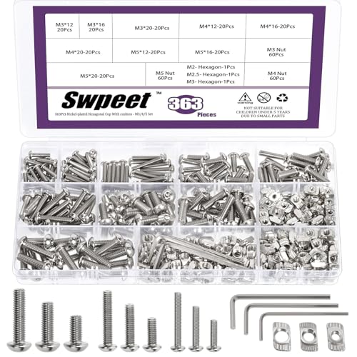 Swpeet 363 Pièces Kit d'Assortiment de Rondelles à Griffes (T-Nuts) et Vis M3 M4 M5 Nickelé avec Clés Hexagonales, Écrous à Fente en T, Fixations à Tête Marteau,e Profilés Aluminium Série 2020