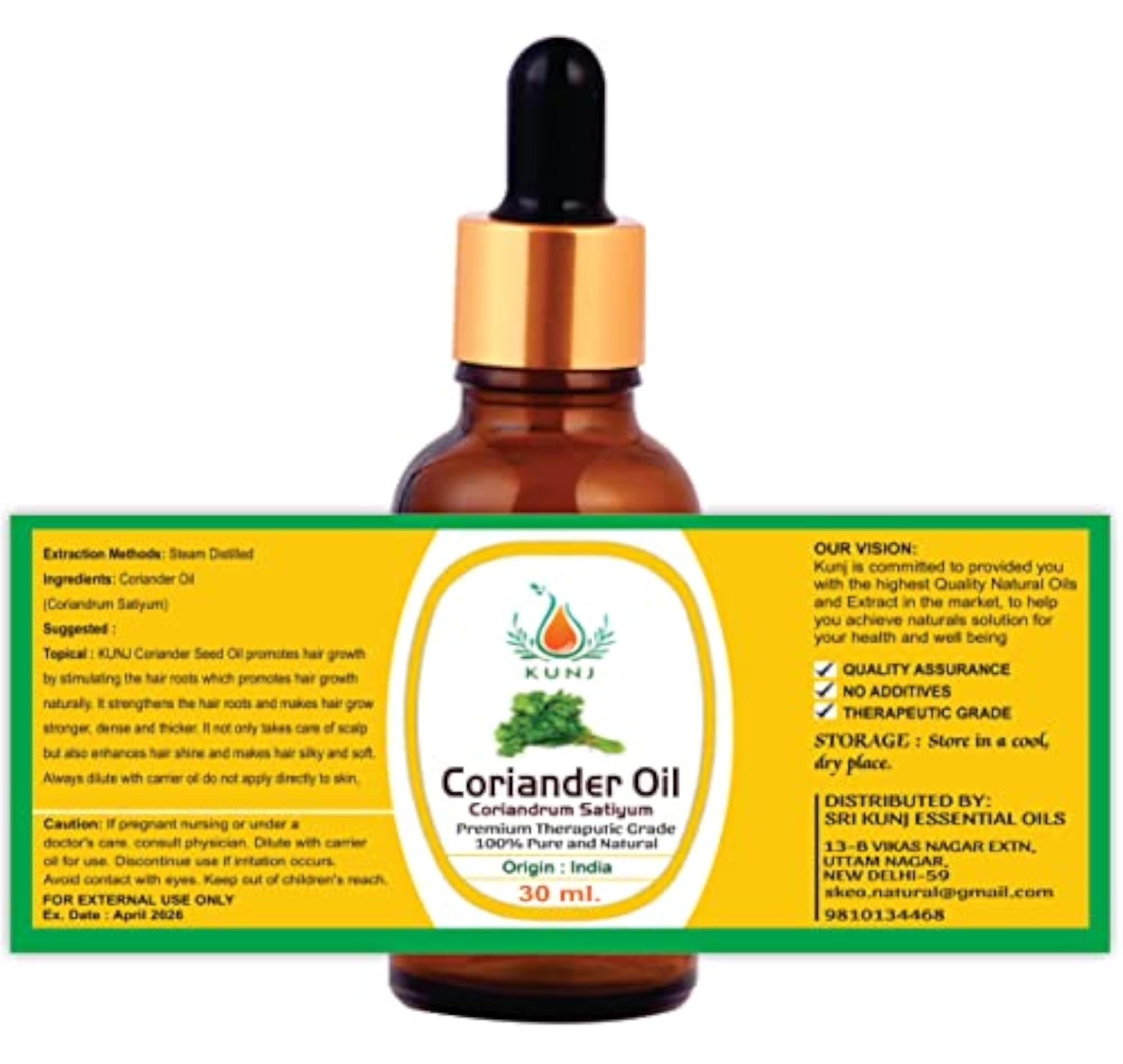 KUNJ Coriander Seed Essential Oil, 100% Pure & Natural