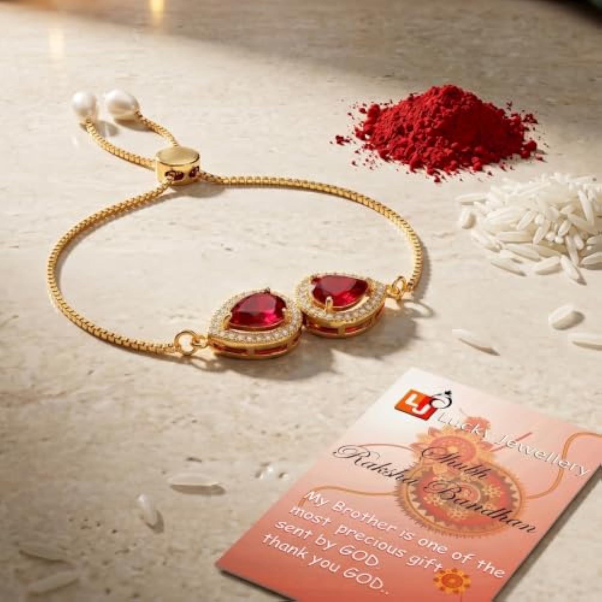 Rakhi Bracelet with Drop AD Pendant, Roli Chawal & Card