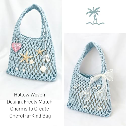 Image of Mini Clutch Handbag Fishing Net Bucket Bag Cotton Rope Crochet Drawstring Woven Beach Bag Small Tote for Women Girls