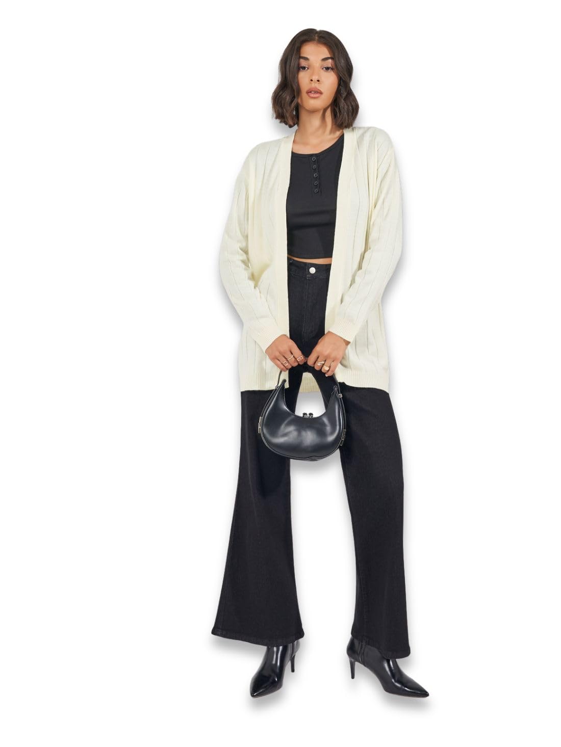 styli Women’s Longline Cardigan | Solid V-Neck Acrylic Sweater with Long Sleeves & Straight Hemline | Regular Fit Open Front Winterwear for Women & Girls-picture-11