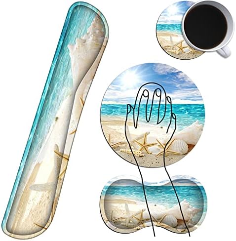 Keyboard Wrist Rest with Round Mousepad, Wrist Support Pads for Keyboard and Mouse, Ergonomic Memory Foam Cushion Mouse Rest Pad Pain Relief Easy Typing for Gaming, Laptop, Seashells on The Beach