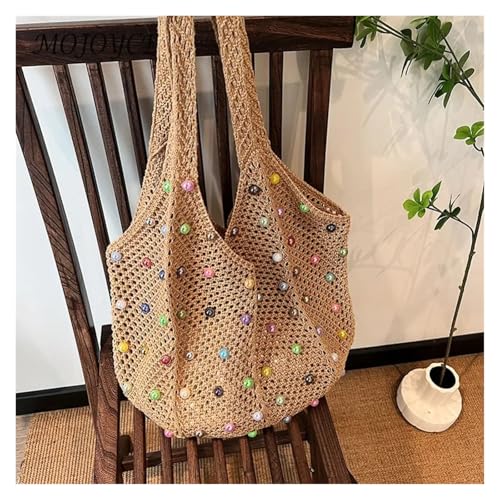 Women Knitting Shoulder Bag with Colored Beads Crochet Bag Large Capacity Beach Tote Bag Ladies Daily Handbag Straw Tote Bag3