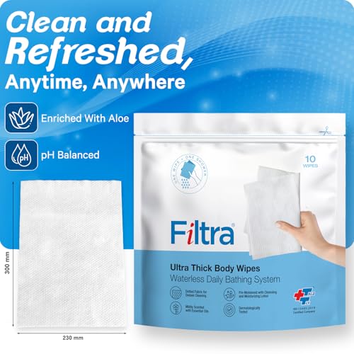 Image of Filtra Ultra Thick Body Wipes | Pre-Moistened & Extra Large for Body Sponging, Bed Bath & Post-Workout Freshness | Mildly Scented | Re-Sealable Zip Lock Pouch of 10 (Pack of 1)
