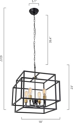 Miniatura 2 de Maxax Lámpara de araña cuadrada moderna, 4 luces colgantes de granja, para isla de cocina, comedor, dormitorio, sala de estar, acabado negro y dorado