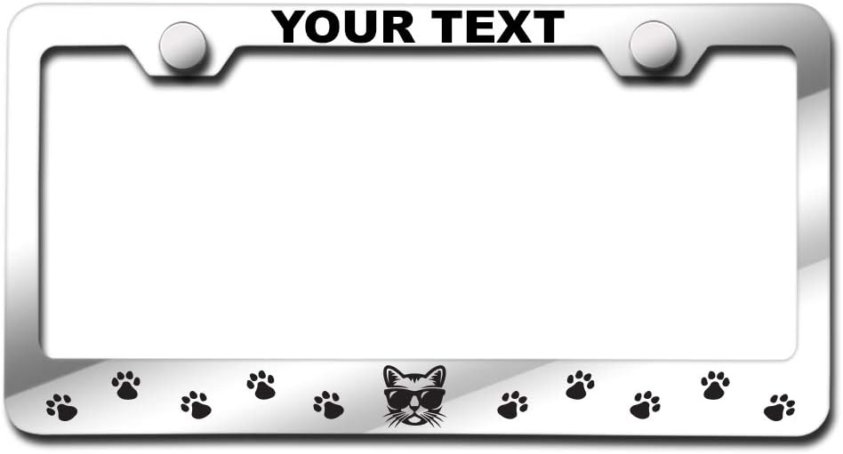 Paw Print Cat Face Laser Engraving Customized Stainless Steel License Plate Frame w/Screw Caps & Hardware