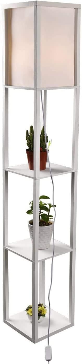 LED Shelf Floor Lamp Modern Standing Lamp with Soft Diffused Uplight Asian Style Wooden Frame with Convenient Open Box Display Shelves- White