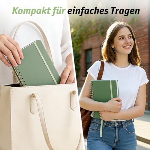 RITOLLO A5 Spiralnotizbuch mit PU-Leder Hardcover, 200 Seiten, 5x5 mm Kariert, Raster-Notizbuch für Arbeit, Studium & Planung (Salbeigrün)