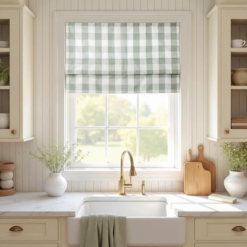 Image of TWOPAGES No Drill Cordless Buffalo Plaid Roman Shades Gingham Checkered Roman Blinds for Windows, Custom Made Room Darkening Blinds Farmhouse Shades, Light Green Grid, 1 Piece