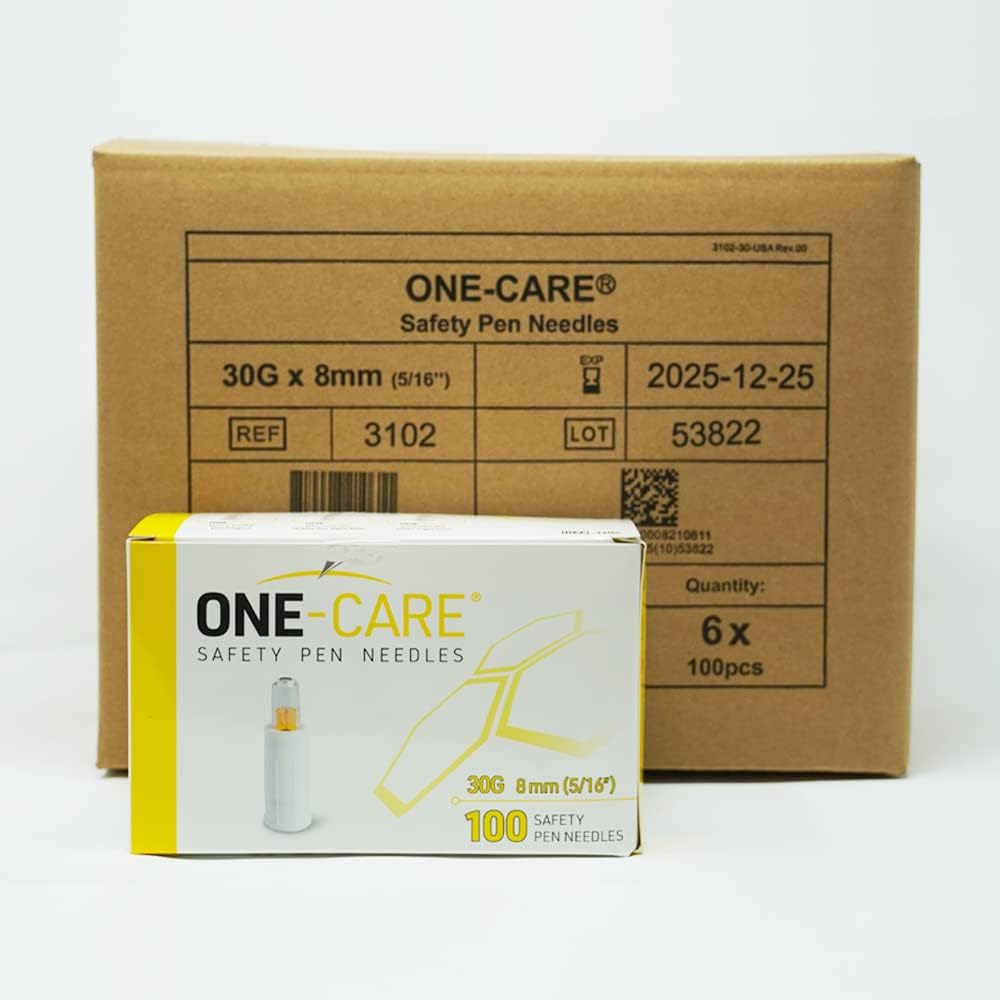 600 Pieces Extra Pack ONE-CARE Safety Pen Tips, 30G x 8mm, Ultra-Thin for Comfort, Case of 600