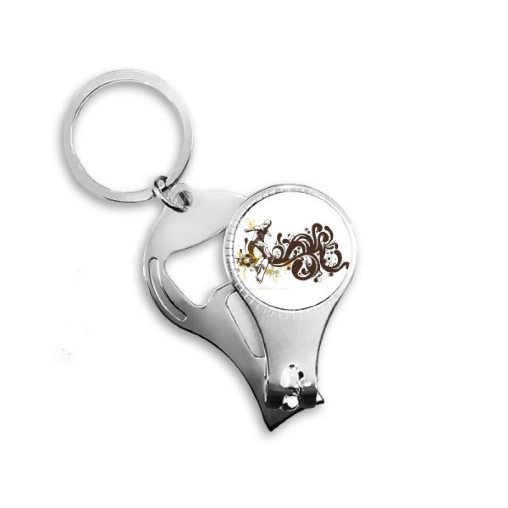 Ouvre-bouteille coupe-ongles ski et anneau porte-clés motif fleur d'hiver