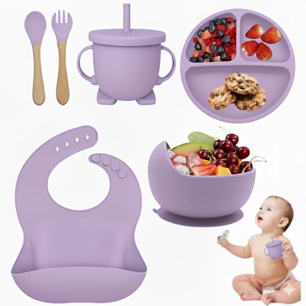 6 Pcs Silicone Baby Feeding Set for Babies 6-12 Months – BPA Free Suction Plate, Bowl, Bib, Spoon, Fork & Training Cup, Baby Led Weaning Feeding Supplies, Microwave & Dishwasher Safe (Multicolor)-image-41