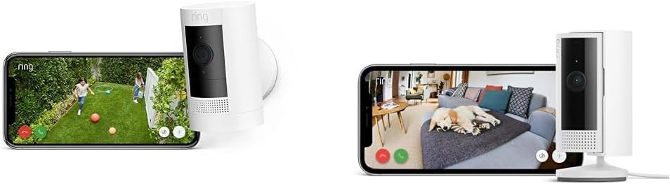Ring buitencamera accu set van 4 (Stick Up Cam) + Ring binnencamera (Indoor Camera 2e Gen), Bewakingscamera 1080p HD-video, WiFi, weerbestendig, geschikt voor thuis en onroerend goed, Alexa-compatibel