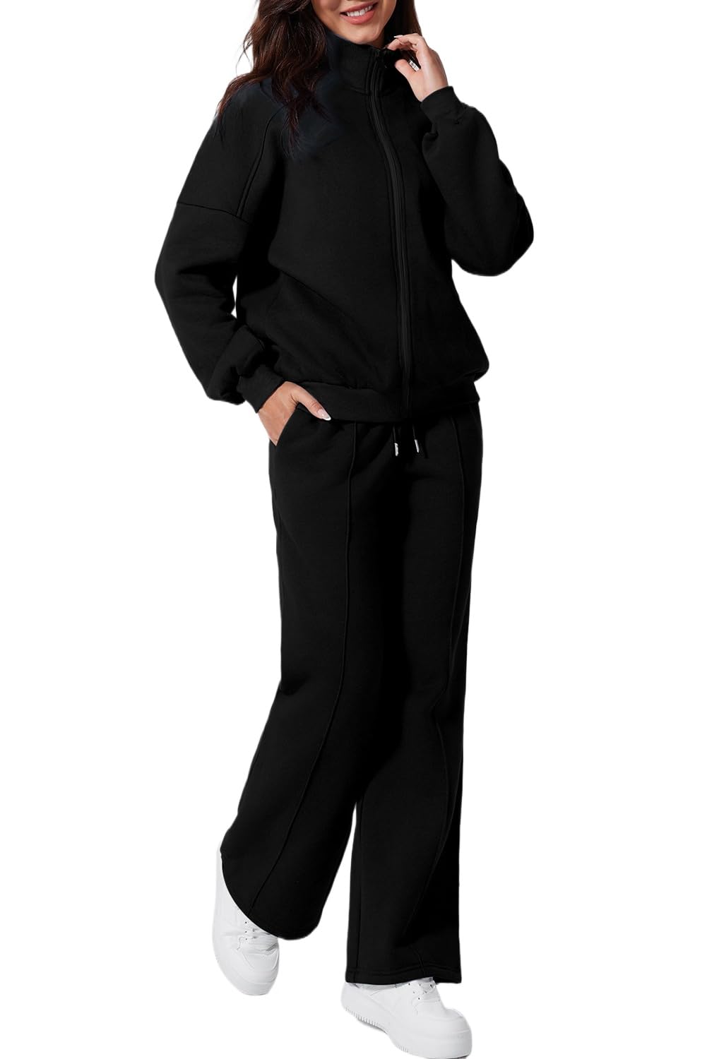 Womens Black Drop Shoulder Zip Up Jacket and Drawstring Pants Set Stylish Activewear for Daily Adventures