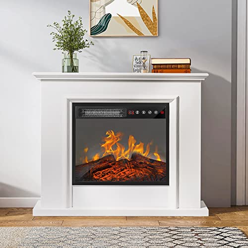 Bossin 32" Electric Fireplace Mantel With 18 Inch 1500W Electric Fireplace Insert, Package Freestanding Fireplace Heater,White Wooden Firebox Faux Log & Led Flames, Touch Screen &Remote Control #TOP7