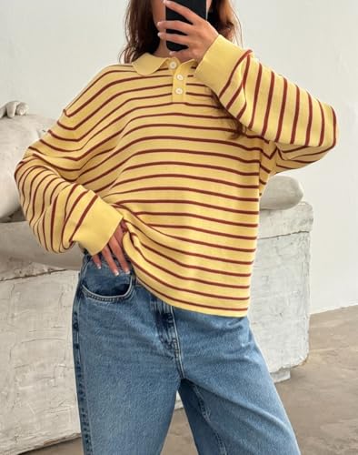 Women Y2K Striped Lapel Polo Shirt Long Sleeve Pullover Sweatshirt Oversized V Neck Color Block Tee Streetwear2