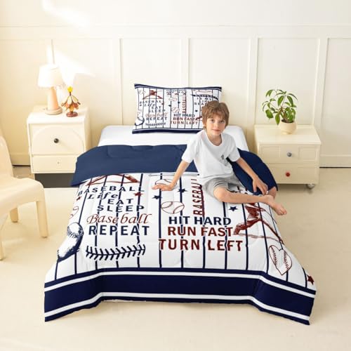 Image of Feelyou Personalized Baseball Comforter Set King Size Eat Sleep Baseball Bedding Set for Kids Boys Girls Sports Game Duvet Quilt White and Navy Blue Bedroom Decor 3 Pcs with 2 Pillow Cases