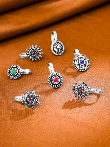 Antique Silver Oxidized 7 pcs combo set Ethnic Indian Traditional non-piercing Nose pin Jewelry Variation2