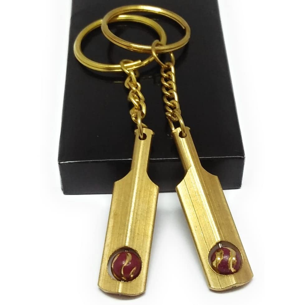(Pack of 2) Small Cricket Bat with Rotating Ball Inside Brass Metal Keychain/Keyring for Boys, Girls, 10cm (Golden)-image-24