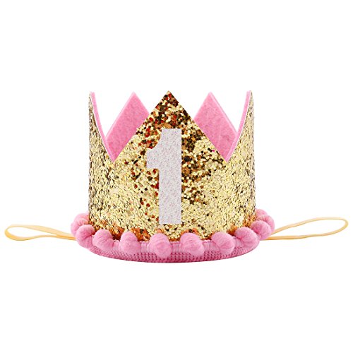 Maticr Sparkled First 1St Birthday Crown Baby Girl Princess Headband Party Supplies For Cake Smash (Gold & Pink) #TOP3