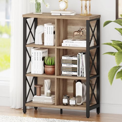 FATORRI Rustic Oak Console Table with 6 Cube Storage Organizer