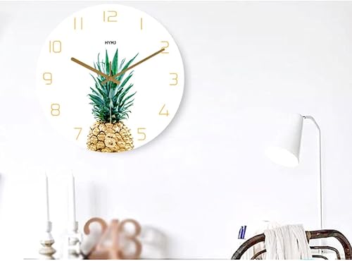 Miniatura 6 de Reloj de pared Reloj de pared de piña verde y amarilla sobre blanco, funciona con pilas, sin tictac, reloj redondo silencioso para cocina, sala de