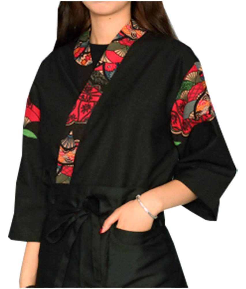 Lifehe Men's Red B Wo Patchwork Sushi Chef Jacket Japanese Kitchen Uniform Sushi Workwear Printed Kimono Cardigan - Red - Medium