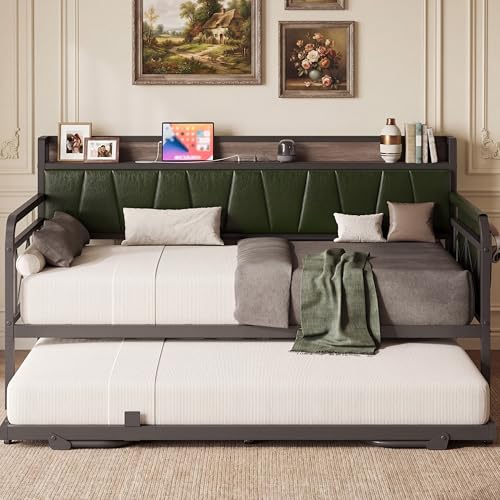Image of LIKIMIO Twin Daybed, Day Bed with Trundle, Storage Upholstered Headboard and Charging Station, Trundle Bed with Strong Supports for Living Room, Bedroom, and Guest Room, Dark Green