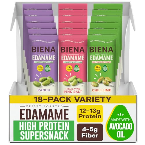 Biena Crispy Roasted Edamame Beans Snack – High Protein Low Carb Snack for Adults & Kids, 12g-13g Protein per Serving - Made w/Avocado Oil – Vegan, Gluten-Free – 18-Pack 1.05oz Variety Pack